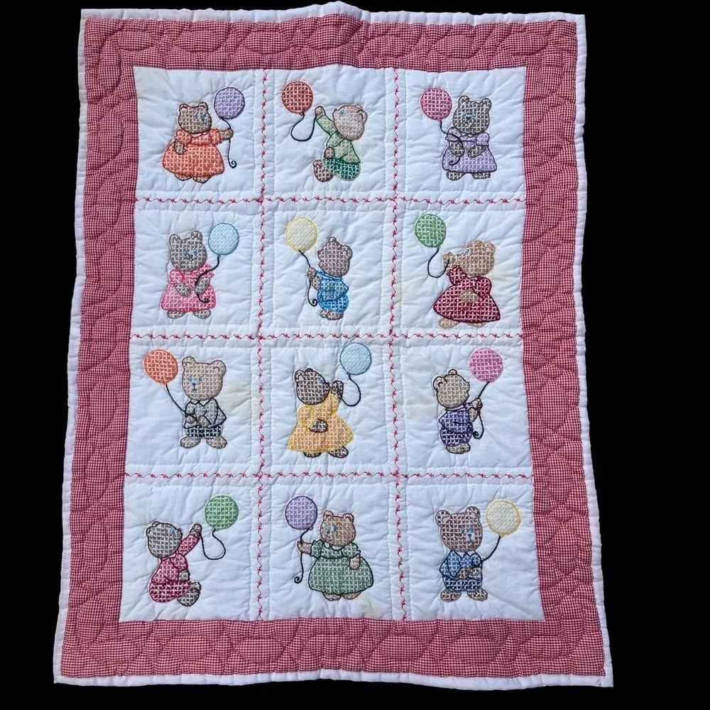 VTG 1970s Handmade Cross Stitch Teddy Bear Red Gingham Baby Crib Quilt 31x39